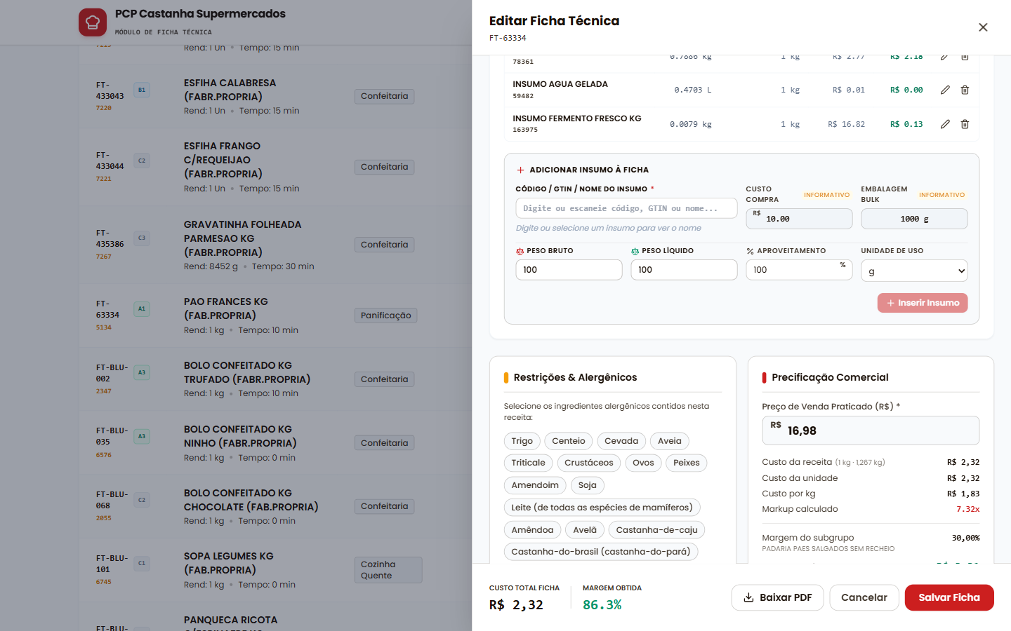 Montagem de uma ficha técnica: insumos com quantidade e custo, seleção de alergênicos e bloco de precificação comercial com a margem do subgrupo.
